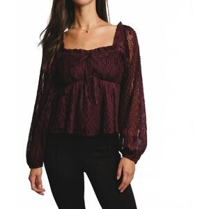 NEW FORTE zoey pleated lace peplum blouse in burgundy